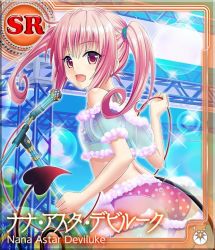 1girl ass bikini demon_tail fang flat_chest from_behind long_hair looking_back microphone nana_asta_deviluke official_art pink_eyes pink_hair see-through smile solo swimsuit tail to_love-ru to_love-ru_darkness:_idol_revolution twintails rating:Questionable score:19 user:danbooru