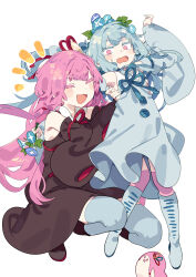  2girls :3 :d \||/ armpits arms_up bare_shoulders black_dress black_footwear black_sleeves blue_dress blue_flower blue_footwear blue_hair blue_ribbon blue_sleeves blue_thighhighs blunt_bangs blush_stickers boots closed_eyes collared_dress colored_eyelashes detached_sleeves dress fangs floating_hair flower full_body hair_flower hair_ornament holding holding_flower karei knee_boots kotonoha_akane kotonoha_aoi leg_between_thighs lifting_person long_hair long_sleeves looking_down looking_to_the_side low-tied_sidelocks morning_glory multiple_girls open_mouth over-kneehighs pink_eyes pink_hair pink_socks purple_flower raised_eyebrows red_ribbon ribbon seyanaa sidelocks sideways_glance simple_background sleeveless sleeveless_dress smile socks squatting sweatdrop thick_eyelashes thighhighs v-shaped_eyebrows very_long_hair voiceroid wavy_mouth white_background wide_sleeves 