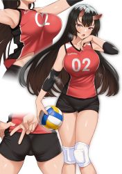 1girl ass ball bare_shoulders black_shorts breasts cameltoe commentary_request highres holding horns large_breasts long_hair looking_at_viewer multiple_views oni oni_horns red_shirt shirt shorts sportswear takunomi v volleyball volleyball_(object) rating:Sensitive score:42 user:danbooru