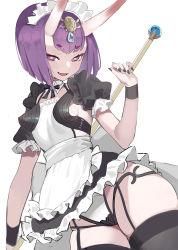  1girl :d alternate_costume apron black_nails black_thighhighs blush breasts enmaided eyeliner fangs fate/grand_order fate_(series) garter_straps hair_ornament heart heart-shaped_pupils highres hikimayu horns looking_at_viewer maid maid_apron maid_headdress makeup nail_polish oni open_mouth purple_eyes purple_hair short_hair shuten_douji_(fate) simple_background skin-covered_horns smile solo symbol-shaped_pupils thighhighs white_background wtcolor  rating:Sensitive score:33 user:danbooru