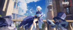  1girl absurdres ahoge ame999 ascot black_shorts blue_ascot blue_coat blue_eyes blue_sky bubble building cityscape cloud cloudy_sky coat column creature drop-shaped_pupils floating_hair frilled_footwear furina_(genshin_impact) genshin_impact gentilhomme_usher gloves heterochromia highres holding holding_creature legs logo long_hair mademoiselle_crabaletta on_railing open_mouth outdoors pillar railing shorts sitting sky smile solo surintendante_chevalmarin symbol-shaped_pupils thigh_strap very_long_hair white_hair 