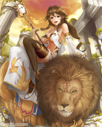  1girl :d architecture bad_id bad_pixiv_id blush breasts brown_hair choker column cybele detached_sleeves hair_ornament jewelry large_breasts lion long_hair long_skirt lots_of_jewelry midriff open_mouth original pillar red_eyes revealing_clothes riding side_slit sideboob skirt smile solo ss39 staff temple thighhighs underboob  rating:Sensitive score:20 user:danbooru