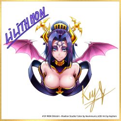  artist_name bare_shoulders breasts character_name cleavage collaboration colored_eyelashes commentary demon_girl demon_horns demon_wings digimon digimon_(creature) english_commentary eyeshadow hair_ornament highres horns kevin_muniz keyliom large_breasts lilithmon looking_at_viewer makeup medium_hair mole mole_under_eye off_shoulder purple_eyeshadow purple_hair shikishi signature simple_background smile upper_body white_background wings 