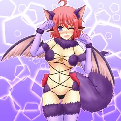  1girl ahoge animal_ears bird_wings cosplay cowboy_shot elbow_gloves fang fate/grand_order fate_(series) fur-trimmed_gloves fur-trimmed_legwear fur_collar fur_trim gloves gluteal_fold halloween_costume lace lace-trimmed_legwear lace_trim looking_at_viewer mash_kyrielight mash_kyrielight_(dangerous_beast) mash_kyrielight_(dangerous_beast)_(cosplay) mystia_lorelei o-ring o-ring_top official_alternate_costume one_eye_closed open_mouth paw_pose pink_eyes pink_hair purple_gloves purple_thighhighs revealing_clothes short_hair tail thigh_gap thighhighs touhou wings wolf_ears wolf_tail yani_tama 