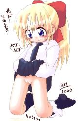 1girl blonde_hair blue_eyes blush bow cleft_of_venus clothes_lift hair_bow ikkyuu kneeling loli necktie panties panties_around_leg peeing ponytail pussy simple_background skirt skirt_lift socks solo source_request sweat translated uncensored underwear rating:Explicit score:18 user:Tom23