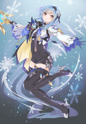  1girl black_background black_footwear black_hairband blue_background blue_gloves blue_hair blue_necktie boots breasts cape chest_harness clothing_cutout eula_(genshin_impact) floating full_body genshin_impact gloves gradient_background hairband harness high-waist_shorts high_heel_boots high_heels highres leg_up mayu-mayu1026 medium_breasts medium_hair necktie orange_eyes parted_lips shorts shoulder_cutout side_cape snowflakes solo song_of_broken_pines_(genshin_impact) thigh_boots white_sleeves wide_sleeves yellow_cape 