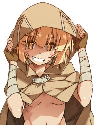  1girl argo_the_rat bandaged_arm bandages blonde_hair breasts cloak commentary_request covered_navel cowboy_shot facial_mark gloves grin highres hood looking_at_viewer medium_breasts naked_cloak navel shikei short_hair simple_background small_breasts smile solo sword_art_online teeth underboob upper_body whisker_markings white_background yellow_eyes  rating:Sensitive score:27 user:danbooru