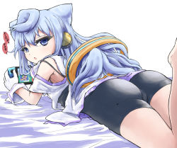 1boy artist_request ass bike_shorts blue_eyes blue_hair from_behind gloves hacka_doll hacka_doll_3 highres long_hair looking_at_viewer looking_back lying male_focus on_stomach shorts solo trap video_game rating:Sensitive score:23 user:FabricioDias