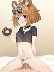 1boy 1girl aged_down animal_ears animal_print arm_at_side bear_ears bear_panties bear_print black_shirt blush breasts brown_hair clothed_female_nude_male clothing_aside collar cowgirl_position cropped_shirt dark-skinned_male dark_skin doughnut eating ever_(nann2013) food girl_on_top girls&#039;_frontline grizzly_mkv_(girls&#039;_frontline) grizzly_mkv_(teddy_transform!)_(girls&#039;_frontline) hetero highres interracial licking_lips loli looking_at_viewer nude panties panties_aside penis pov pov_crotch print_panties purple_eyes pussy sex shirt short_hair small_breasts solo_focus spread_legs straddling striped_clothes striped_panties sunglasses sunglasses_on_head t-shirt tongue tongue_out uncensored underwear rating:Explicit score:210 user:Only_Kemonomimi