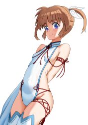  1girl blue_eyes blush breasts brown_hair cameltoe closed_mouth covered_erect_nipples covered_navel darken_(darken13) hair_ribbon highres leotard looking_at_viewer lyrical_nanoha mahou_shoujo_lyrical_nanoha mahou_shoujo_lyrical_nanoha_a&#039;s ribbon short_hair simple_background small_breasts smile solo takamachi_nanoha thighhighs twintails white_background white_leotard white_thighhighs 
