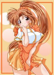  1girl breasts brown_eyes brown_hair commentary_request covered_erect_nipples dress hairband highres large_breasts long_hair looking_at_viewer morihara_satomi official_alternate_hairstyle orange_dress pia_carrot_(series) pia_carrot_e_youkoso!! ponytail smile solo waitress yoppi98ro 