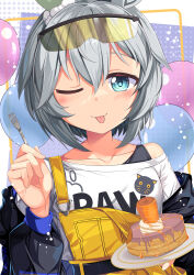  1girl ;p animal_ears balloon black_jacket blue_eyes breasts cake carrot eyewear_on_head food fork glasses green_hair highres holding holding_fork horse_ears horse_girl jacket looking_at_viewer off_shoulder one_eye_closed overalls seiun_sky_(umamusume) shirt short_hair small_breasts solo t-shirt tongue tongue_out umamusume yasume_yukito yellow_overalls 