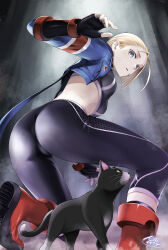  1girl absurdres animal ass black_cat black_sports_bra blonde_hair blue_eyes blue_jacket blue_leggings blush boots breasts cammy_white cat combat_boots cropped_jacket facial_scar fingerless_gloves from_behind from_below gloves highres jacket kneeling leggings long_sleeves looking_back open_clothes open_jacket open_mouth pants scar scar_on_cheek scar_on_face short_hair small_breasts solo sports_bra street_fighter street_fighter_6 tea_(nakenashi) tight_clothes tight_pants 