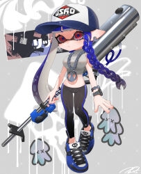  1girl :&lt; baseball_cap black_leggings blue_footwear blue_hair blue_pupils blunt_bangs bracelet braid breasts chain chain_necklace closed_mouth commentary commission cropped_sweater cross-laced_footwear e-liter_4k_(splatoon) earrings english_commentary full_body graffiti grey_background grey_sweater hat highres holding holding_weapon hoop_earrings inkling inkling_girl inkling_player_character jewelry large_breasts leggings long_hair midriff navel necklace nintendo pointy_ears print_headwear puchiman red_eyes ribbed_sweater shoes single_braid sneakers solo splashtag_(splatoon) splatoon_(series) splatoon_3 standing suction_cups sweater tentacle_hair turtleneck turtleneck_sweater very_long_hair watch weapon weapon_behind_back wristwatch 