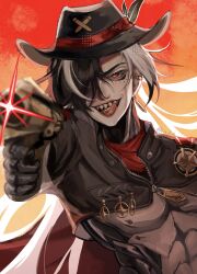  1boy :q aiming aiming_at_viewer black_hair black_hat black_jacket boothill_(honkai:_star_rail) bullet_earrings bullet_in_mouth commentary cowboy_hat dusk ear_piercing english_commentary g_x_h_a glint grey_armor gun hair_over_one_eye handgun hat hat_feather highres holding holding_gun holding_weapon honkai:_star_rail honkai_(series) jacket long_hair looking_at_viewer male_focus mechanical_hands mole mole_under_eye multicolored_hair multiple_moles piercing plume red_eyes red_scarf revolver scarf sharp_teeth solo streaked_hair teeth tongue tongue_out twitter_username unzipped upper_body very_long_hair weapon white_hair zipper zipper_pull_tab 