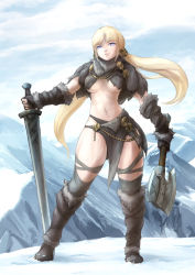 1girl armor axe barbarian blonde_hair breasts gloves greaves ironlily large_breasts long_hair mountain original snow solo sword weapon rating:Sensitive score:37 user:danbooru