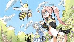  1girl 1other ahoge androgynous bee blue_hair bug cloud dutch_angle flower grass happy insect long_hair milim_nava open_mouth ototoi_(eevees813) outdoors pink_hair rimuru_tempest sitting tensei_shitara_slime_datta_ken tree twintails 
