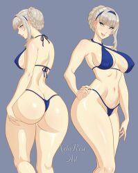  1girl ass bikini breasts covered_erect_nipples curvy female_focus grey_eyes highres huge_ass large_breasts looking_at_viewer matching_hair/eyes merope_(p5x) navel persona persona_5 persona_5:_the_phantom_x short_hair solo swimsuit thick_thighs thighs white_hair wide_hips xelaroseart 