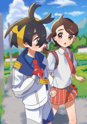  1boy 1girl :o ahoge backpack bag black_hair blue_shirt blurry blurry_background blush braid brown_bag brown_eyes brown_hair closed_mouth cloud collared_shirt commentary_request creatures_(company) crossed_bangs day eyelashes game_freak hair_between_eyes hairband highres holding_hands jacket juliana_(pokemon) kieran_(pokemon) knees mole mole_on_neck necktie nintendo open_mouth orange_(orangelv20) orange_necktie orange_shorts outdoors pokemon pokemon_sv red_necktie school_uniform shirt shorts sky standing white_shirt yellow_hairband 