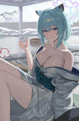  1boy 1girl absurdres animal_ears blue_archive blush breasts cleavage commentary cup doodle_sensei_(blue_archive) fingernails green_hair green_nails grin hair_between_eyes halo highres holding holding_cup japanese_clothes kimono large_breasts letco2766 looking_at_viewer medium_hair nail_polish obi official_alternate_costume purple_eyes sash sensei_(blue_archive) shigure_(blue_archive) shigure_(hot_spring)_(blue_archive) smile tail weasel_ears weasel_tail white_kimono wide_sleeves 