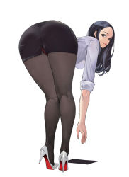 1girl ass ass_focus bent_over black_hair black_pantyhose black_skirt bobobong breasts business_suit dress_shirt earrings foreshortening formal from_behind full_body gusset high_heels highres jewelry kneepits legs_together lips long_hair looking_at_viewer looking_back miniskirt office_lady original panties panties_under_pantyhose pantyhose parted_hair parted_lips pencil_skirt pinup_(style) pumps red_lips red_panties red_soles shirt shoes skirt skirt_suit sleeves_rolled_up standing stiletto_heels suit taut_clothes taut_skirt tight_skirt underwear upskirt white_footwear white_shirt rating:Sensitive score:295 user:danbooru