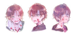  3boys blood blood_on_clothes blood_on_face brothers diabolik_lovers fangs green_eyes hano_luno highres looking_at_viewer multiple_boys profile purple_eyes purple_hair red_hair sakamaki_ayato sakamaki_kanato sakamaki_laito short_hair siblings triplets vampire white_background 
