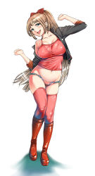 1girl absurdres bad_id bad_pixiv_id blonde_hair blue_eyes boots bow breasts camisole cleavage cross earrings hair_bow highres jacket jewelry jpeg_artifacts knee_boots large_breasts long_hair navel original panties ponytail sleeves_pushed_up solo temutemutemu thighhighs underwear rating:Questionable score:69 user:danbooru
