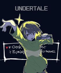  1other androgynous arm_up black_background bob_cut brown_eyes brown_hair brown_shorts chara_(undertale) commentary copyright_name green_shirt heart holding holding_microphone long_sleeves looking_at_viewer microphone music open_mouth oshiruko_(tsume) reaching reaching_towards_viewer shirt short_hair shorts simple_background singing single_horizontal_stripe solo sparkle spread_fingers undertale upper_body user_interface v-shaped_eyebrows 