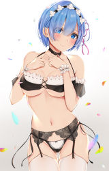 1girl absurdres bare_shoulders blue_eyes blue_hair blush bow bow_panties breasts cleavage close-up closed_mouth collarbone cowboy_shot detached_sleeves eye_contact frilled_sleeves frills garter_belt garter_straps gluteal_fold gradient_background groin hair_between_eyes hair_ornament hair_ribbon highres light_blush lips looking_at_another looking_at_viewer maid medium_breasts navel panties pink_ribbon portrait re:zero_kara_hajimeru_isekai_seikatsu rem_(re:zero) ribbon ribbon-trimmed_clothes ribbon_trim short_hair simple_background skindentation smile solo stomach thighhighs uiri-na underwear white_thighhighs x_hair_ornament rating:Sensitive score:38 user:danbooru
