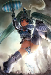  1girl armor bad_id bad_pixiv_id cameltoe cleft_of_venus close-up flag hammer hatsune_miku helmet long_hair midriff navel observerz panties solo striped_clothes striped_panties twintails underwear vocaloid  rating:Questionable score:26 user:danbooru