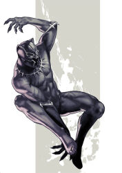 1boy animal_ears arm_up black_panther_(film) black_panther_(marvel) bodysuit cat_ears claws full_body legs_apart male_focus marvel marvel_cinematic_universe midair muni_(fdrk) pectorals skin_tight solo superhero_costume thighs toned toned_male