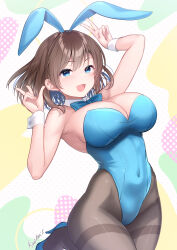  1girl animal_ears blue_bow blue_bowtie blue_eyes blue_hair blue_leotard bow bowtie breasts brown_hair cleavage colored_inner_hair commentary_request covered_navel cowboy_shot detached_collar double_v fake_animal_ears grey_pantyhose highres large_breasts leotard multicolored_hair original pantyhose playboy_bunny rabbit_ears rabbit_tail shigemiya_kyouhei short_hair solo tail thigh_gap thighband_pantyhose v wrist_cuffs 