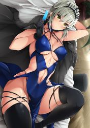 1girl alternate_costume arm_behind_head artoria_pendragon_(all) artoria_pendragon_(alter_swimsuit_rider)_(fate) artoria_pendragon_(alter_swimsuit_rider)_(third_ascension)_(fate) artoria_pendragon_(fate) bed black_gloves black_jacket black_panties black_thighhighs blue_dress breasts choker cleavage clothing_cutout dress fate/grand_order fate_(series) food gloves grey_hair halterneck headdress highleg highleg_panties highres jacket jacket_on_shoulders looking_at_viewer lying medium_breasts navel navel_cutout no_bra on_back on_bed open_clothes open_jacket panties popsicle revealing_clothes saber_alter solo stem_(roam) thighhighs underboob underboob_cutout underwear yellow_eyes rating:Questionable score:27 user:danbooru