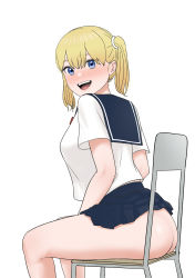  1girl :d absurdres ass back blonde_hair blue_eyes blush breasts chair highres looking_at_viewer no_panties open_mouth original pleated_skirt school_uniform serafuku simple_background sitting skirt smile solo tantanmen72 teeth twintails white_background  rating:Questionable score:58 user:danbooru