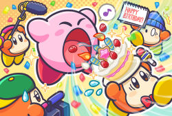  anniversary backwards_hat baseball_cap beanie blush_stickers boom_microphone bow bowtie cake camera candle channel_ppp commentary_request confetti flying_sweatdrops food happy_birthday hat holding holding_camera holding_microphone inhaling kirby kirby_(series) microphone musical_note nintendo no_humans official_art open_mouth sparkle spoken_musical_note star_(symbol) surprised sweat waddle_dee 