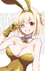  1girl alternate_costume animal_ears bare_shoulders blonde_hair bow bowtie breasts covered_navel fake_animal_ears gloves gold_gloves gold_hairband gold_leotard grin hair_ornament hairband highres hyoe_(hachiechi) large_breasts leotard light_blush looking_at_viewer lycoris_recoil nishikigi_chisato one_eye_closed playboy_bunny rabbit_ears rabbit_hair_ornament red_eyes smile solo strapless strapless_leotard teeth upper_body v v_over_eye yellow_bow yellow_bowtie yellow_gloves yellow_hairband yellow_leotard 