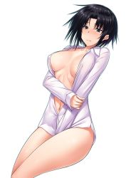 1girl absurdres between_legs black_hair blue_eyes bottomless breasts character_request cleavage closed_mouth collarbone collared_shirt copyright_request dress_shirt half-closed_eyes hand_between_legs highres ikki_(tue_sein_bestes) large_breasts looking_at_viewer lying maji_de_watashi_ni_koi_shinasai! maji_de_watashi_ni_koi_shinasai!_s naked_shirt navel on_back open_clothes open_shirt shirt short_hair simple_background solo white_background white_shirt wing_collar
