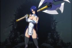 &gt;:| 1girl :| arm_behind_back axe bare_shoulders black_thighhighs blue_hair blunt_bangs breasts cleavage cleavage_cutout closed_mouth clothing_cutout covered_navel cowboy_shot dress elbow_gloves fishnets game_cg gloves halterneck head_tilt hime_cut holding holding_weapon huge_weapon kagami_hirotaka large_breasts legs_apart long_hair looking_at_viewer narrow_waist ninja over_shoulder pelvic_curtain red_eyes screencap serious short_dress solo standing taimanin_(series) taimanin_murasaki taut_clothes thighhighs turtleneck v-shaped_eyebrows very_long_hair weapon white_dress yatsu_murasaki rating:Questionable score:58 user:danbooru