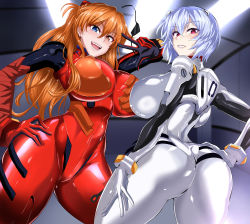  2girls alternate_breast_size ass ayanami_rei back blue_eyes blue_hair blush bodysuit breasts covered_erect_nipples cowboy_shot curvy evangelion:_3.0_you_can_(not)_redo eyepatch unworn_eyepatch female_focus from_behind from_below groin hair_between_eyes hand_on_own_hip happy headgear heterochromia huge_ass huge_breasts indoors large_breasts legs long_hair looking_at_viewer multiple_girls neon_genesis_evangelion nose_blush open_mouth orange_hair parted_lips plugsuit puripuri_jet purple_eyes rebuild_of_evangelion red_bodysuit red_eyes shiny_clothes short_hair sideboob simple_background smile souryuu_asuka_langley standing teeth thighs twintails v w white_bodysuit white_hair wide_hips  rating:Sensitive score:150 user:Ynyswydryn