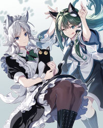 2girls animal animal_ears apron arms_up black_legwear blue_eyes boots bow bowtie brooch cat cat_ears cross-laced_footwear detached_sleeves frog_hair_ornament green_hair hair_ornament hair_tubes highres holding holding_animal holding_cat izayoi_sakuya jewelry kemonomimi_mode kochiya_sanae lace-up_boots looking_at_viewer maid_apron maid_headdress multiple_girls necktie one_eye_closed pantyhose paw_print petticoat short_sleeves silver_hair skirt snake_hair_ornament tongue tongue_out touhou waist_bow zounose rating:Sensitive score:6 user:danbooru