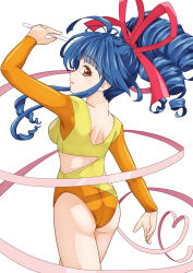  1girl ass asuka_120_percent athletic_leotard blue_hair breasts brown_eyes commentary_request curly_sidelocks dark_blue_hair drill_hair drill_sidelocks from_behind gymnastics gymnastics_ribbon highres leotard looking_at_viewer looking_back medium_breasts multicolored_leotard ookubo_kumi orange_leotard ponytail rhythmic_gymnastics sidelocks simple_background solo soumanantoka white_background 