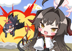  2girls :d @_@ ahoge armband black_gloves black_hair black_shirt black_shorts black_skirt black_thighhighs black_wings blue_archive blue_sky blush_stickers brown_eyes cloud collared_shirt commentary_request controller day eighth_note explosion fang feathered_wings gloves hair_intakes hair_ornament hairclip halo holding horns ichika_(blue_archive) kasumi_(blue_archive) komakoma_(magicaltale) lab_coat long_hair long_sleeves multiple_girls musical_note off_shoulder open_clothes open_mouth outdoors parted_bangs red_shirt remote_control shirt shorts skirt sky sleeves_past_fingers sleeves_past_wrists smile tail thighhighs v-shaped_eyebrows very_long_hair wavy_mouth wings 