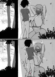  1boy 1girl age_difference arms_behind_head ass bench breasts bush closed_eyes clothed_sex erection grabbing grabbing_another&#039;s_breast hanabi_(ocha) hetero highres huge_breasts japanese_text kneeling long_hair mask monochrome mouth_mask onee-shota original outdoors paizuri park park_bench penis perpendicular_paizuri ponytail shota sidelocks size_difference stealth_sex translation_request tree underboob wide_hips  rating:Explicit score:238 user:Orphan_crippler