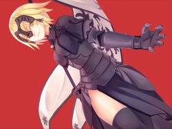  1girl bad_id bad_pixiv_id blonde_hair breasts bugbook dutch_angle fate/grand_order fate_(series) headpiece jeanne_d&#039;arc_(fate) jeanne_d&#039;arc_alter_(avenger)_(fate) jeanne_d&#039;arc_alter_(fate) large_breasts looking_at_viewer red_background ruler_(fate/grand_order) short_hair side_slit smile solo standard_bearer thigh_slit thighhighs thighs yellow_eyes 