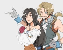  1boy 1girl aqua_eyes ascot bare_shoulders black_hair blonde_hair bodysuit breasts brown_eyes cleavage couple dangle_earrings earrings final_fantasy final_fantasy_ix garnet_til_alexandros_xvii gloves grey_background grey_gloves grey_vest hand_on_own_hip hetero jewelry juliet_sleeves long_sleeves low_ponytail medium_breasts monkey_tail off-shoulder_shirt off_shoulder one_eye_closed open_mouth orange_bodysuit own_hands_clasped own_hands_together parted_bangs pendant pointing puffy_long_sleeves puffy_sleeves red_gloves shio_ga shirt short_hair_with_long_locks smile tail vest white_ascot white_shirt wrist_cuffs zidane_tribal 