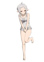  1girl absurdres bare_legs barefoot breasts closed_mouth covering_privates covering_crotch dress forehead full_body grey_dress grey_hair highres leg_up mushoku_tensei pointy_ears q_haoyu red_eyes short_dress simple_background small_breasts solo standing standing_on_one_leg sylphiette_(mushoku_tensei) tiptoes white_background  rating:Sensitive score:59 user:danbooru