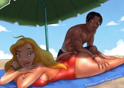  1boy 1girl ass beach benjicomix blonde_hair breasts cloud cloudy_sky dark-skinned_male dark_skin david_kawena day green_eyes green_umbrella large_breasts lifeguard_(lilo_&amp;_stitch) lilo_&amp;_stitch long_hair looking_at_another lying on_stomach open_mouth outdoors patreon_username sand short_hair sideways_glance sky smirk swimsuit teeth text_messaging toned toned_male topless_male trunks umbrella upper_teeth_only watermark web_address 