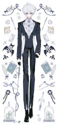  1boy book character_sheet formal highres non-web_source standing suit sword weapon 