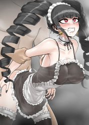  1boy 1girl akisora apron arm_grab bare_shoulders bent_over black_hair black_nails black_thighhighs blush breasts celestia_ludenberg claw_ring clenched_teeth clothed_female_nude_male collarbone commentary_request danganronpa:_trigger_happy_havoc danganronpa_(series) dress drill_hair earrings frills gradient_background grey_apron grey_background hair_ornament heart heart-shaped_pupils highres jewelry large_areolae large_breasts long_hair nail_polish nipples nude red_eyes saliva see-through see-through_dress sex sex_from_behind sweat symbol-shaped_pupils teeth thighhighs twin_drills  rating:Explicit score:157 user:danbooru