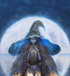  1girl blue_eyes blue_hair blue_headwear blue_skin cloak colored_skin cracked_skin doll dress elden_ring extra_arms extra_faces eyes_visible_through_headwear full_moon fur_cloak hands_on_lap hat highres huge_moon ikeda_masateru large_hat looking_at_viewer moon night night_sky one_eye_closed ranni&#039;s_dark_moon ranni_the_witch sitting sky steepled_fingers white_dress witch witch_hat 
